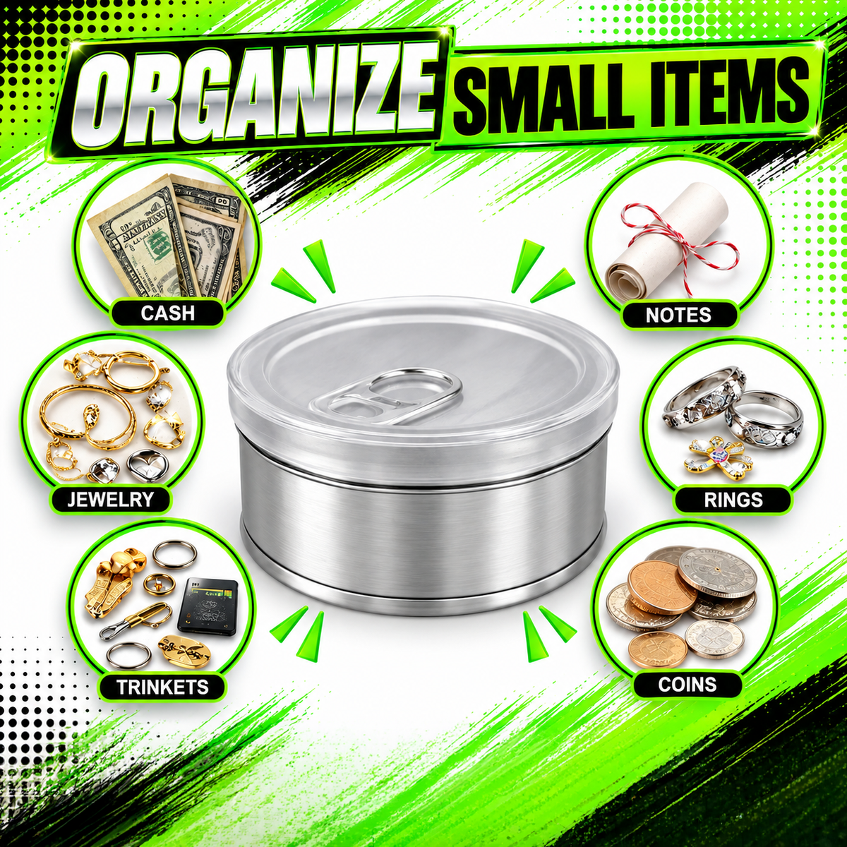 10 Pack Pull-Top Tin Can Style Premium Storage Organizers (2.6" x 1") – Assorted Designs