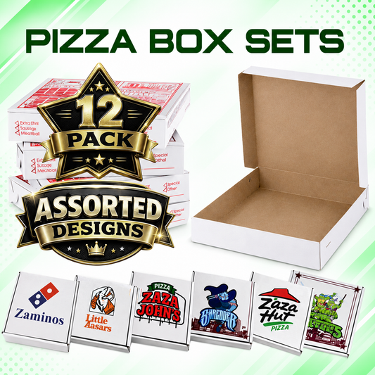 12 Pack Pizza Shaped Premium Foil Storage Organizers & Display Boxes Set (5" x 5") – Assorted Designs