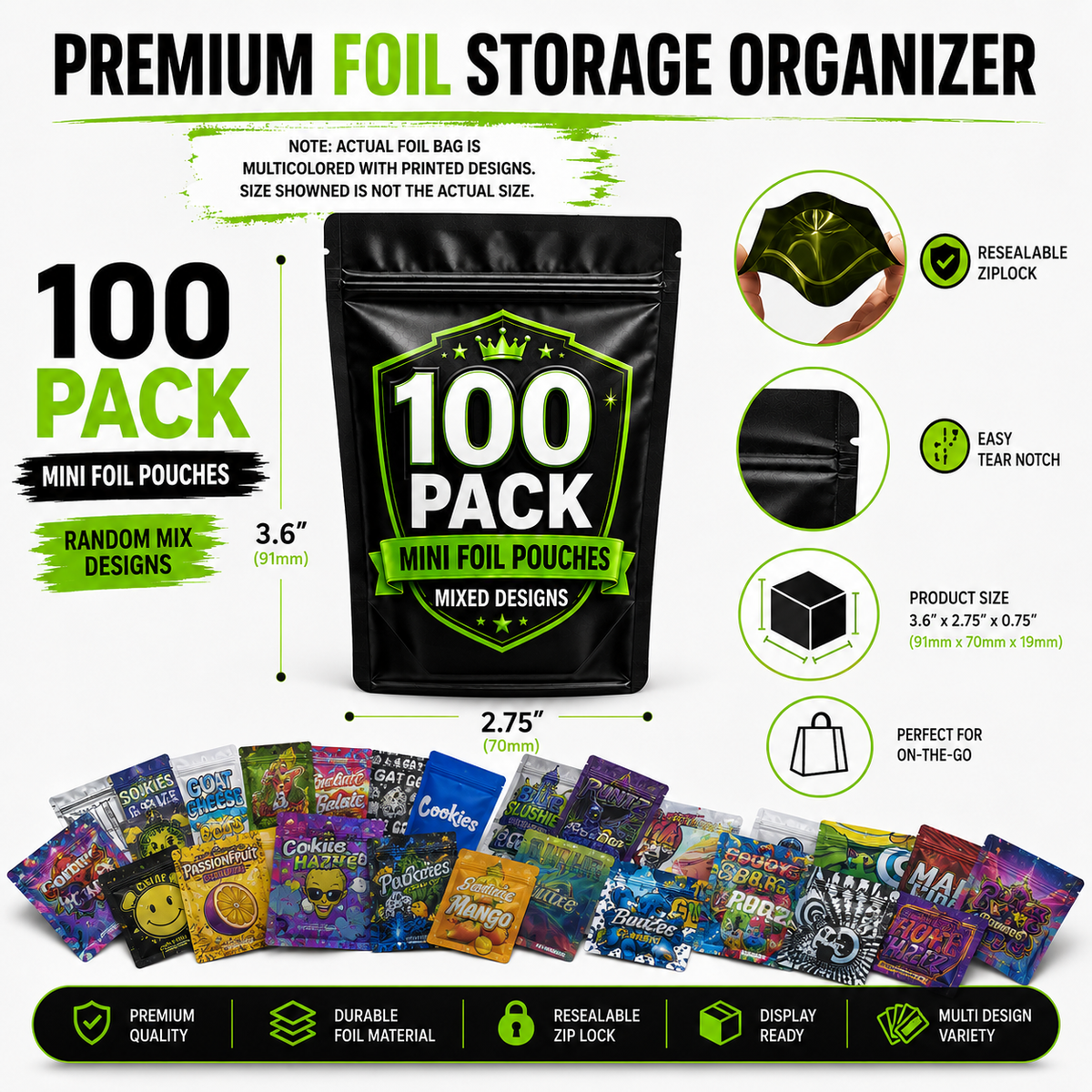 100 Pack Mini (3" x 3.5") Premium Foil Storage Organizers – Assorted Designs