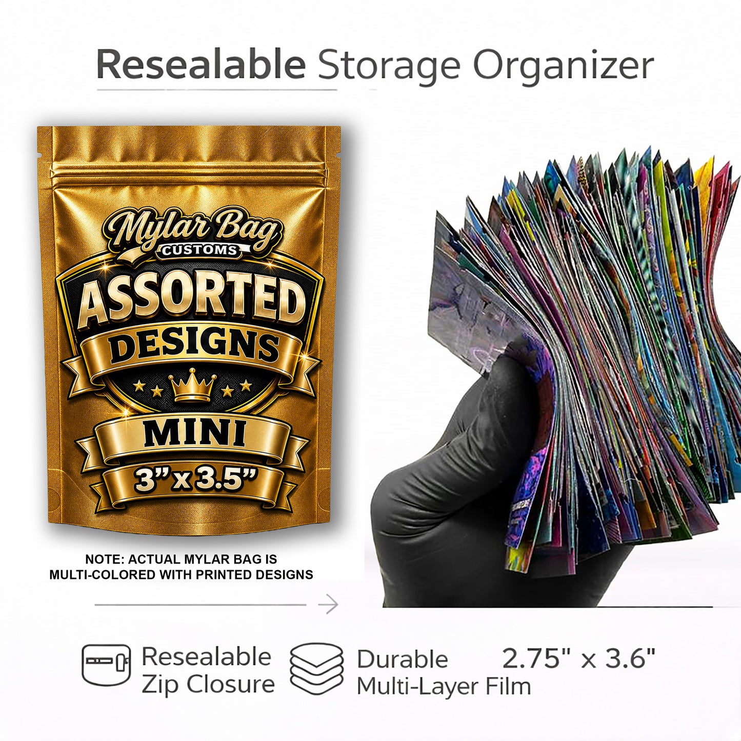 100 Pack Mini (3" x 3.5") Premium Foil Storage Organizers – Assorted Designs