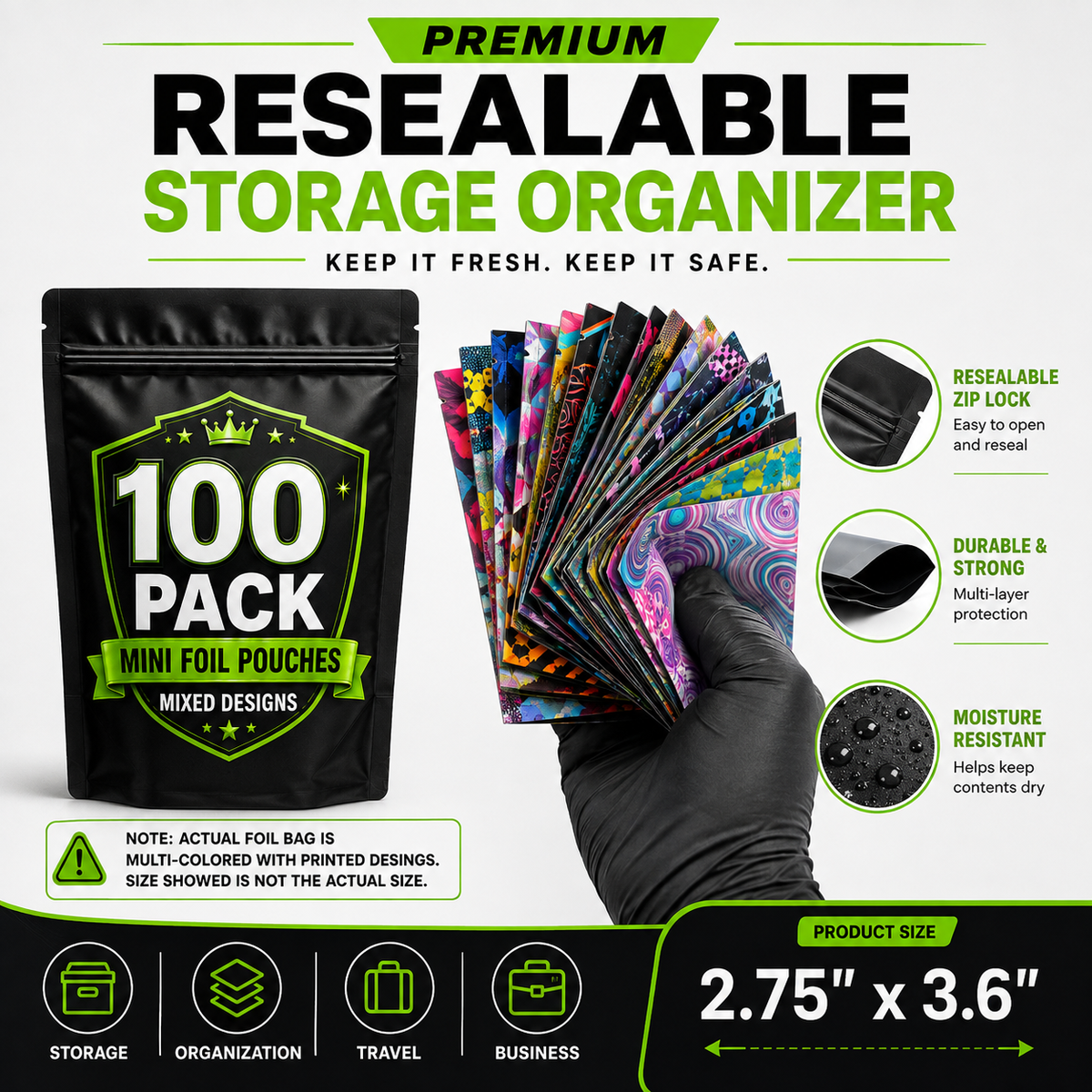 100 Pack Mini (3" x 3.5") Premium Foil Storage Organizers – Assorted Designs