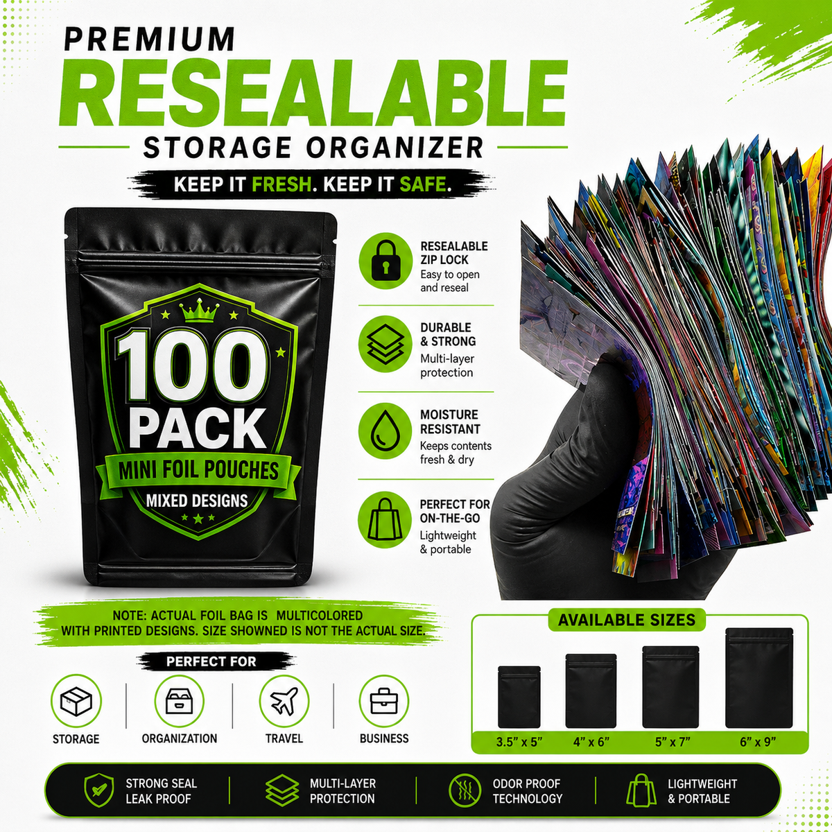 100 Pack Mini (3" x 3.5") Premium Foil Storage Organizers – Assorted Designs