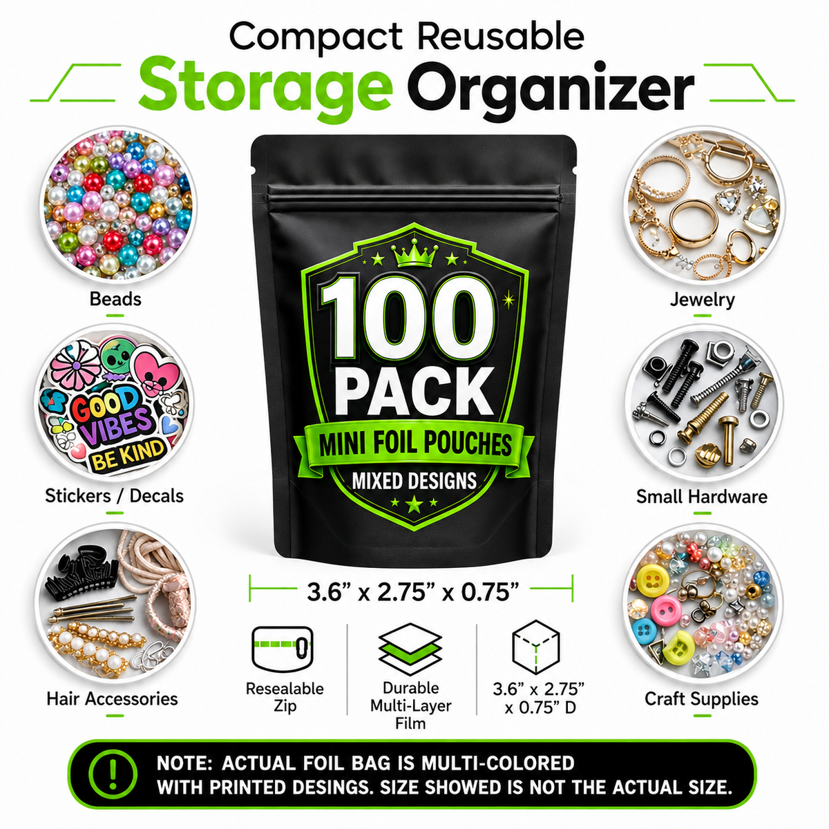 100 Pack Mini (3" x 3.5") Premium Foil Storage Organizers – Assorted Designs
