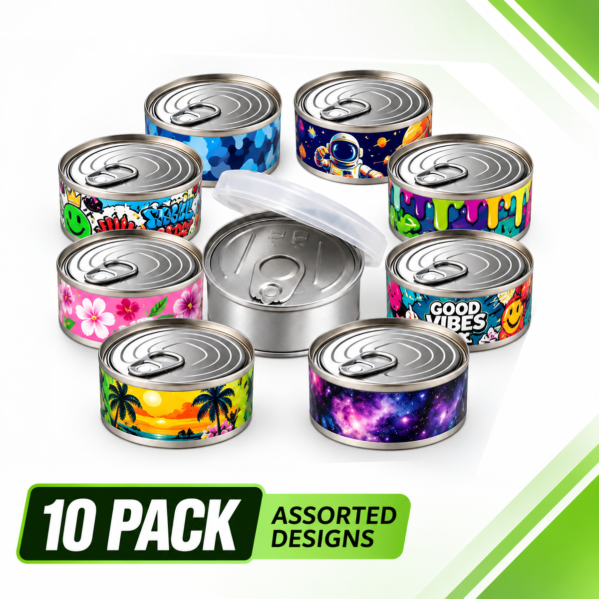 10 Pack Pull-Top Tin Can Style Premium Storage Organizers (2.6" x 1") – Assorted Designs