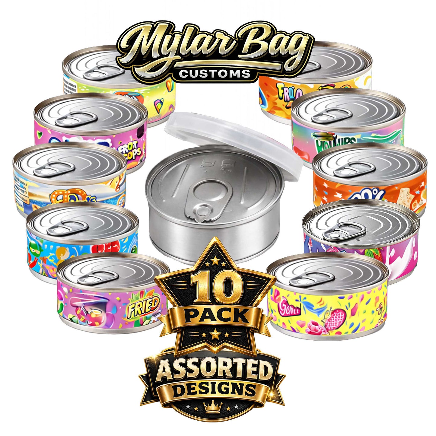 10 Pack Pull-Top Tin Can Style Premium Storage Organizers (2.6" x 1") – Assorted Designs