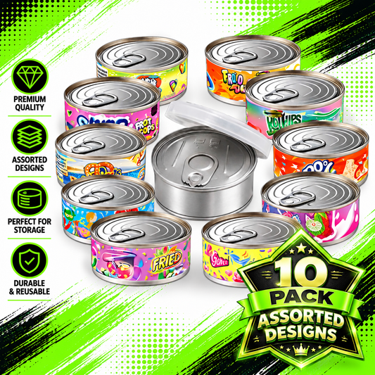 10 Pack Pull-Top Tin Can Style Premium Storage Organizers (2.6" x 1") – Assorted Designs