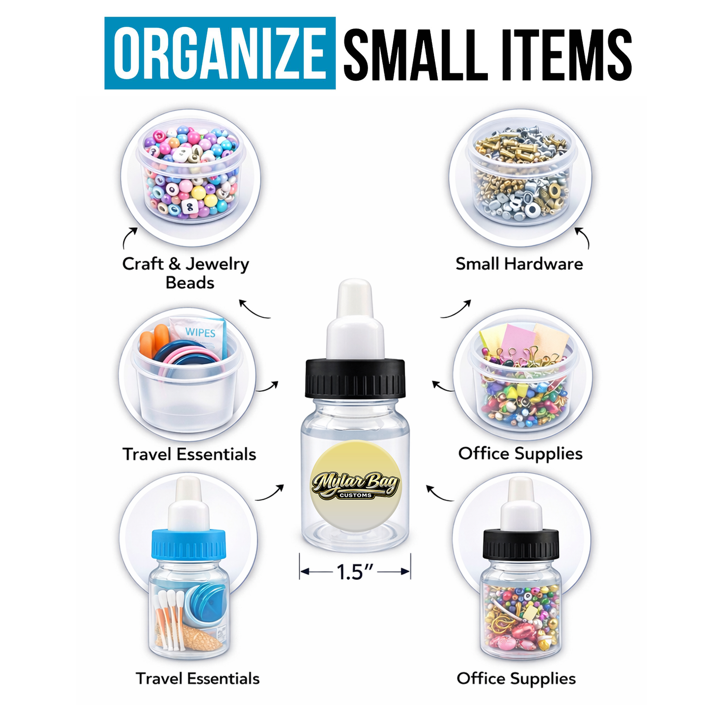 10 Pack Baby Bottle Style Premium Storage Organizers (1.5" x 1.75") – Assorted Designs