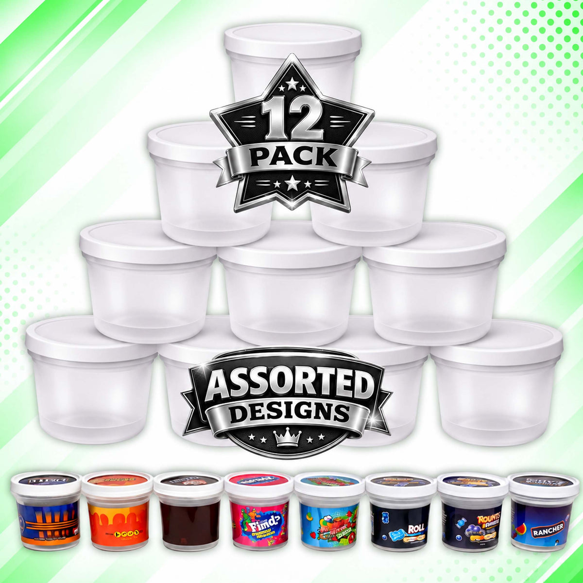 12 Pack Ice Cream Pint Style Premium Storage Organizers with Lids (2.75" x 2.25") – Assorted Designs
