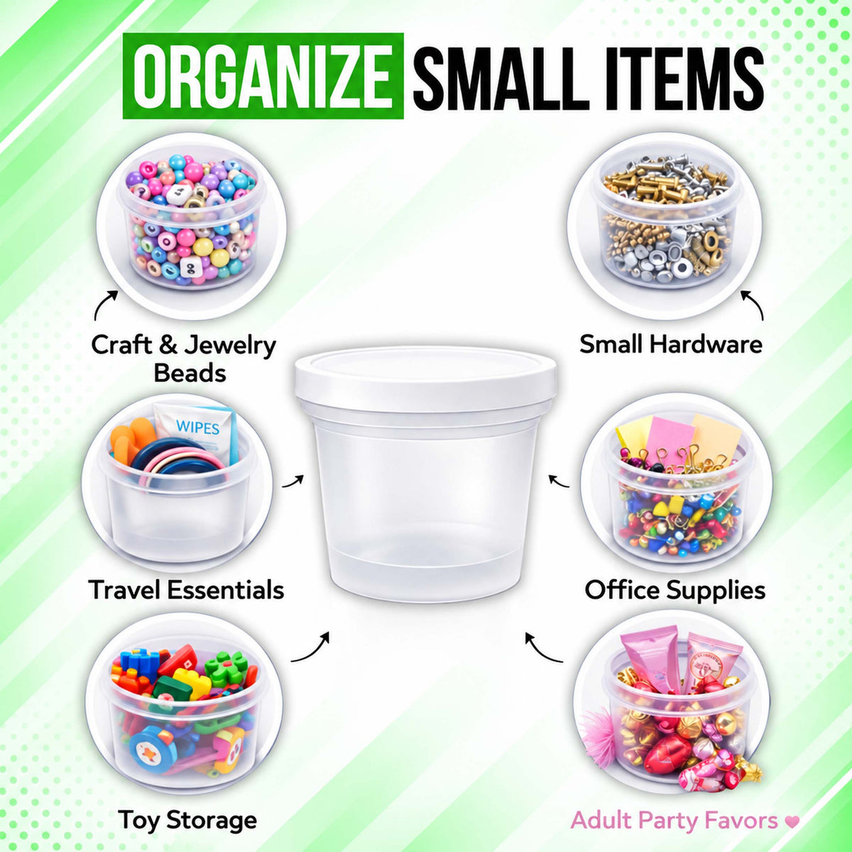 12 Pack Ice Cream Pint Style Premium Storage Organizers with Lids (2.75" x 2.25") – Assorted Designs