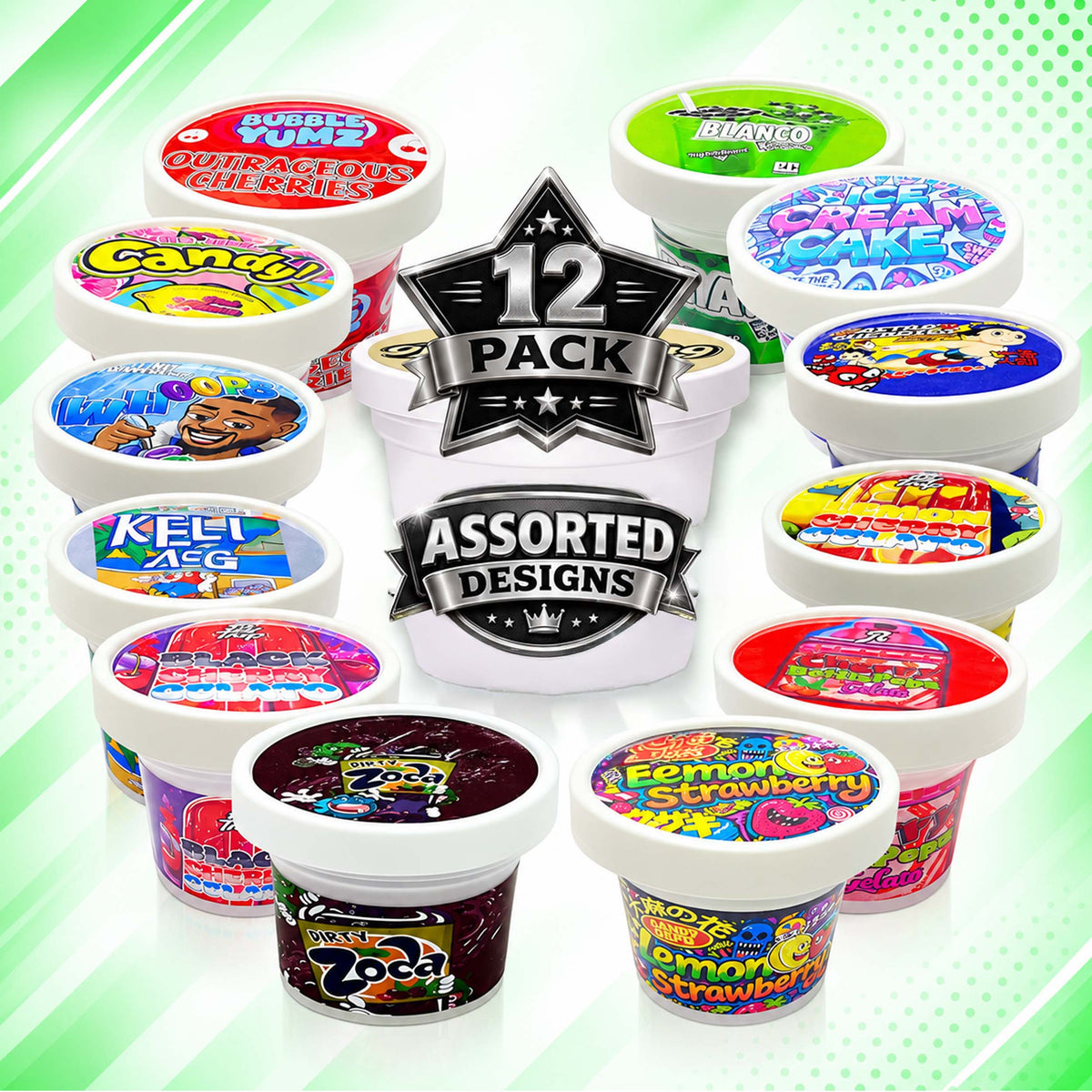 12 Pack Ice Cream Pint Style Premium Storage Organizers with Lids (2.75" x 2.25") – Exotic Assorted Designs