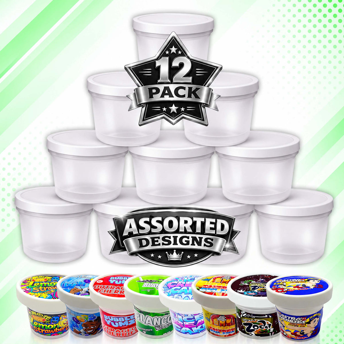 12 Pack Ice Cream Pint Style Premium Storage Organizers with Lids (2.75" x 2.25") – Exotic Assorted Designs