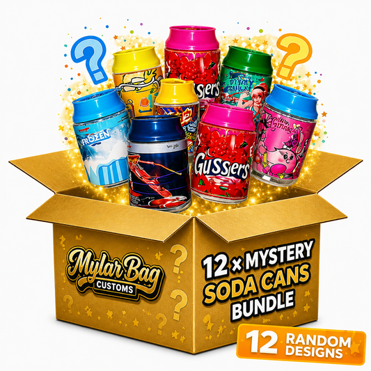 12 Pack Soda Can Style Premium Storage Organizers with Lids (1.5" x 3") – Assorted Designs