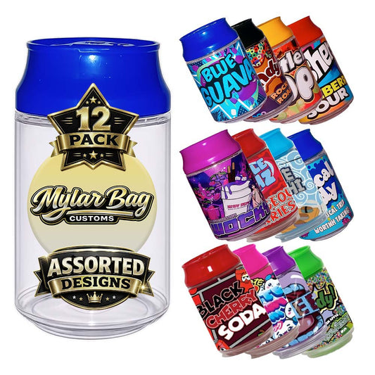12 Pack Soda Can Style Premium Storage Organizers with Lids (1.5" x 3") – Assorted Designs