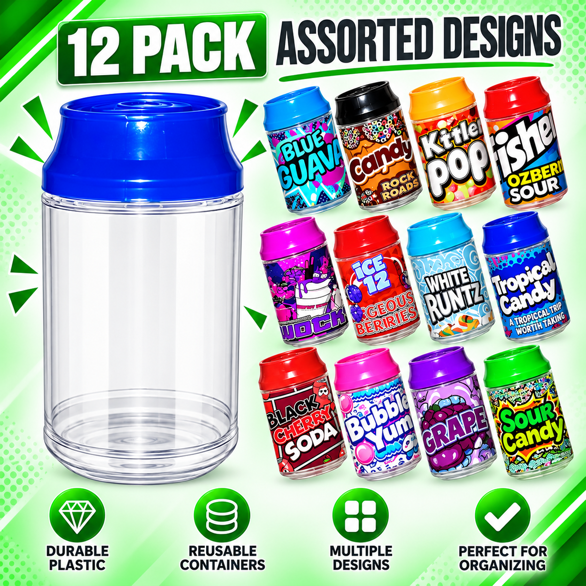 12 Pack Soda Can Style Premium Storage Organizers with Lids (1.5" x 3") – Assorted Designs