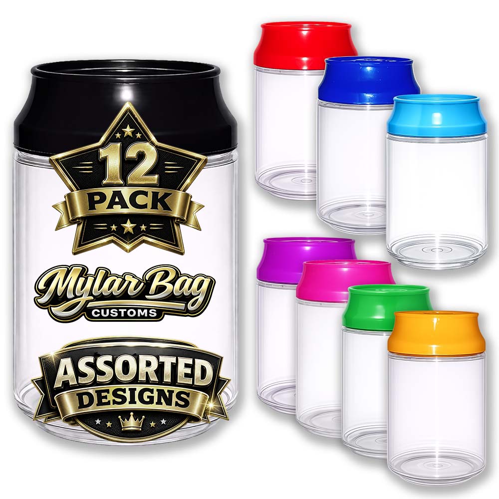 12 Pack Soda Can Style Premium Storage Organizers with Lids (1.5" x 3") – Assorted Designs