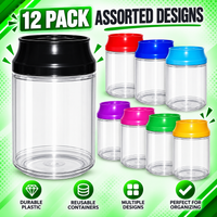 12 Pack Soda Can Style Premium Storage Organizers with Lids (1.5" x 3") – Assorted Designs