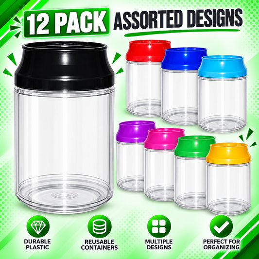 12 Pack Soda Can Style Premium Storage Organizers with Lids (1.5" x 3") – Assorted Designs
