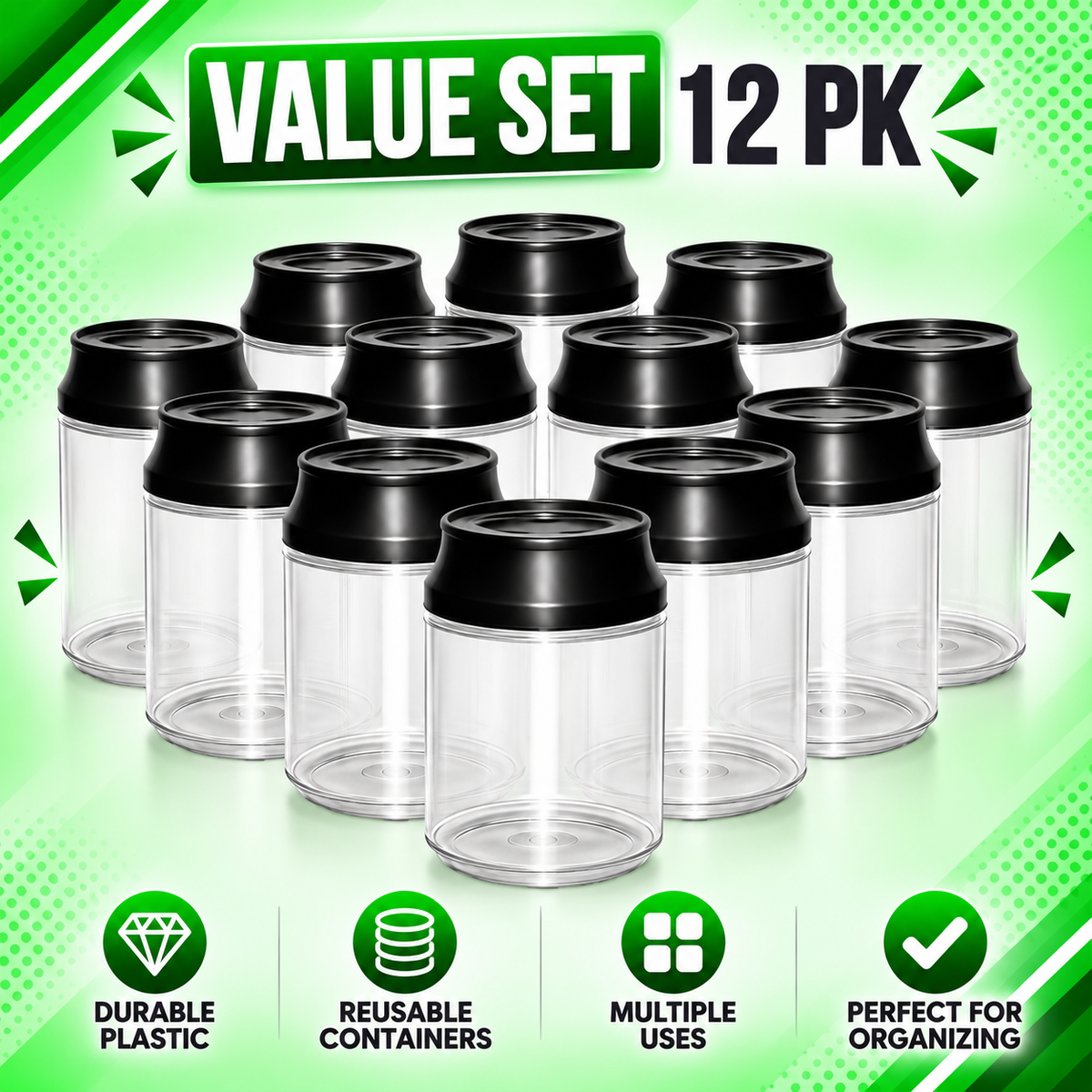 12 Pack Soda Can Style Premium Storage Organizers with Lids (1.5" x 3") – Assorted Designs