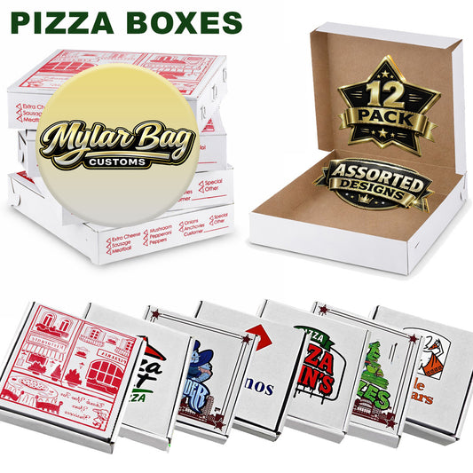 12 Pack Pizza Shaped Premium Foil Storage Organizers & Display Boxes Set (5" x 5") – Assorted Designs