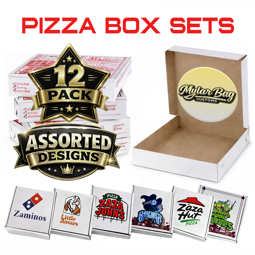 12 Pack Pizza Shaped Premium Foil Storage Organizers & Display Boxes Set (5" x 5") – Assorted Designs