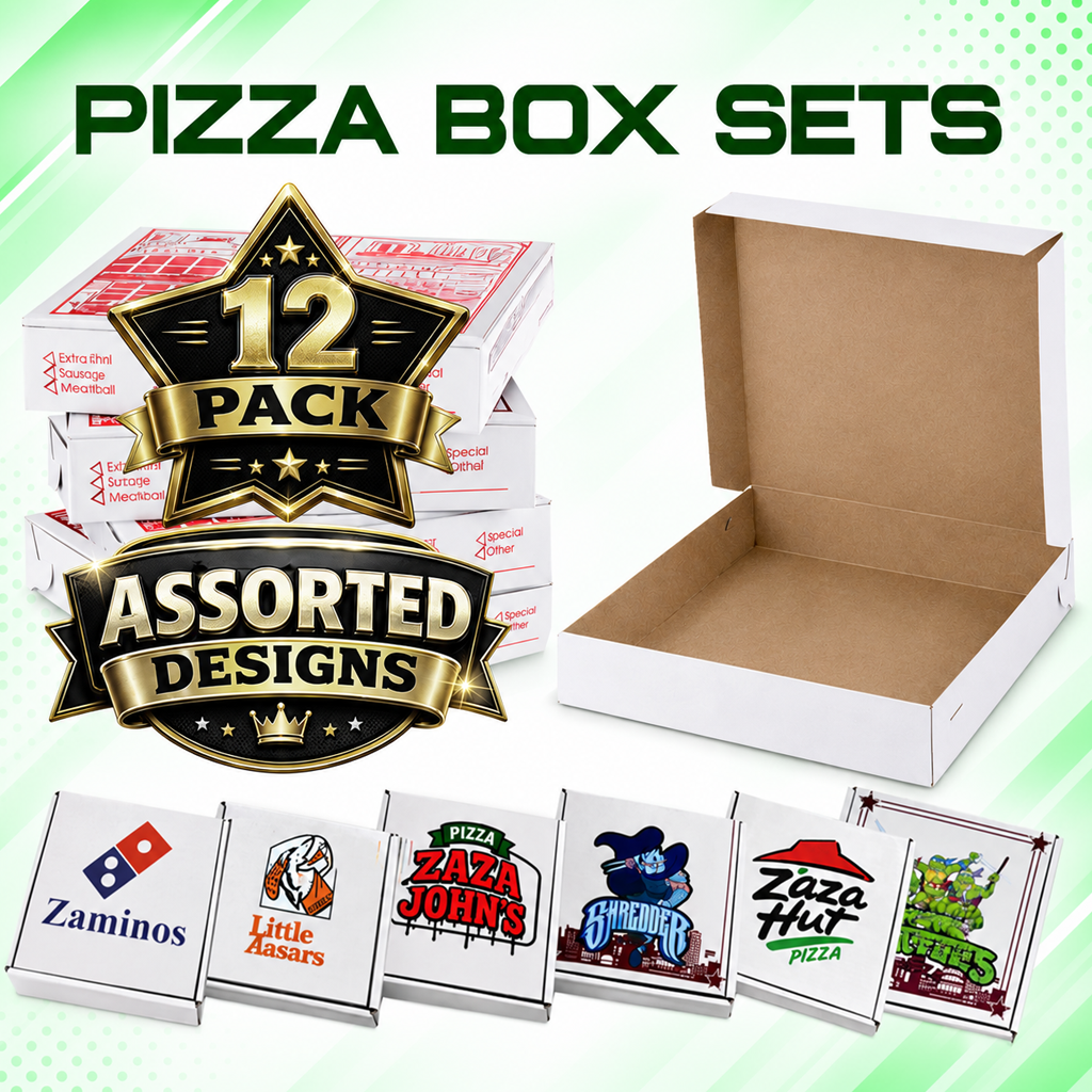 12 Pack Pizza Shaped Premium Foil Storage Organizers & Display Boxes Set (5" x 5") – Assorted Designs