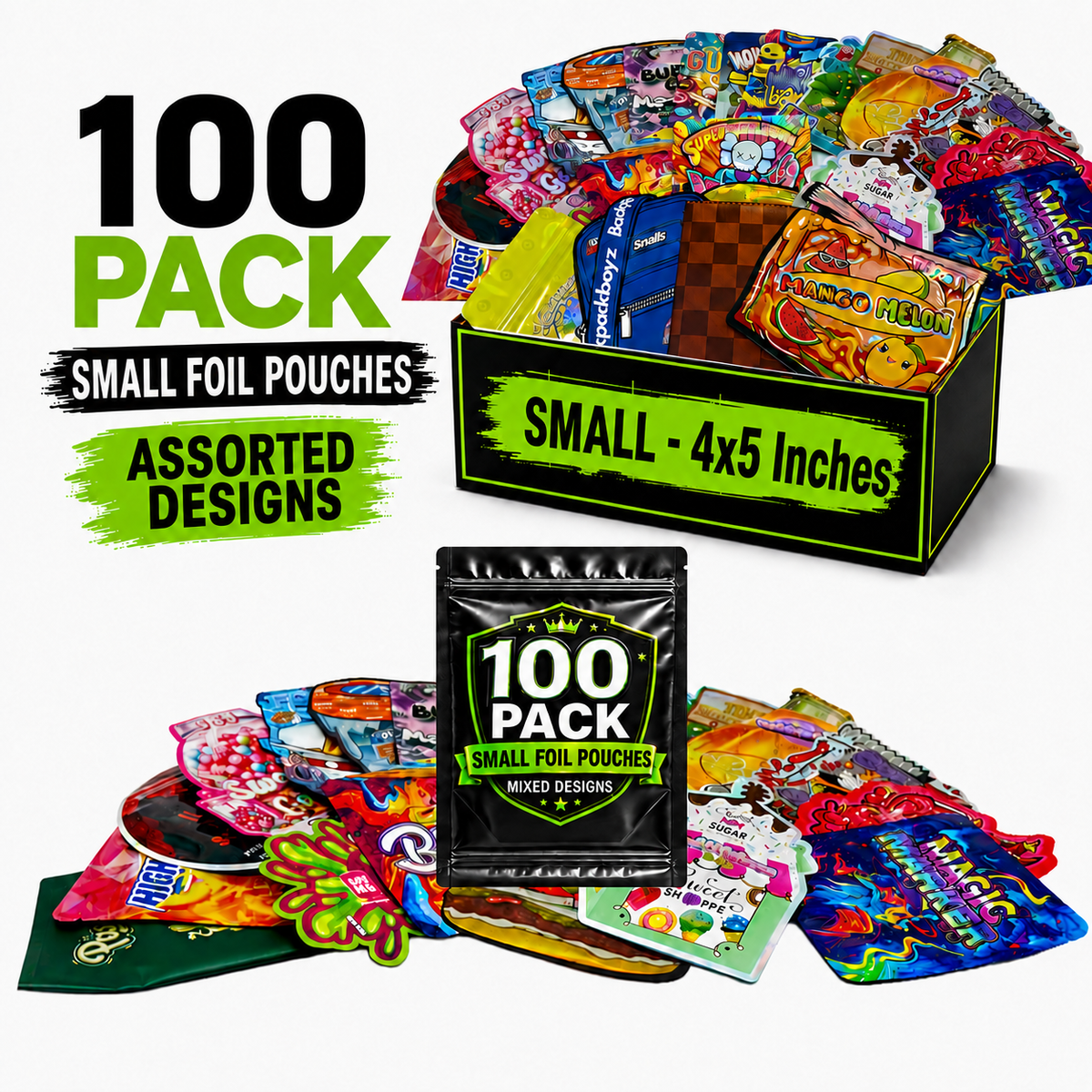 100 Pack Small (4" x 5") Premium Foil Storage Organizers – Assorted Designs