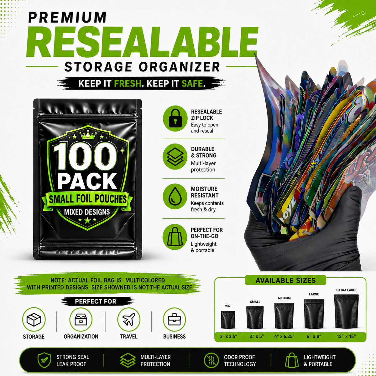 100 Pack Small (4" x 5") Premium Foil Storage Organizers – Assorted Designs