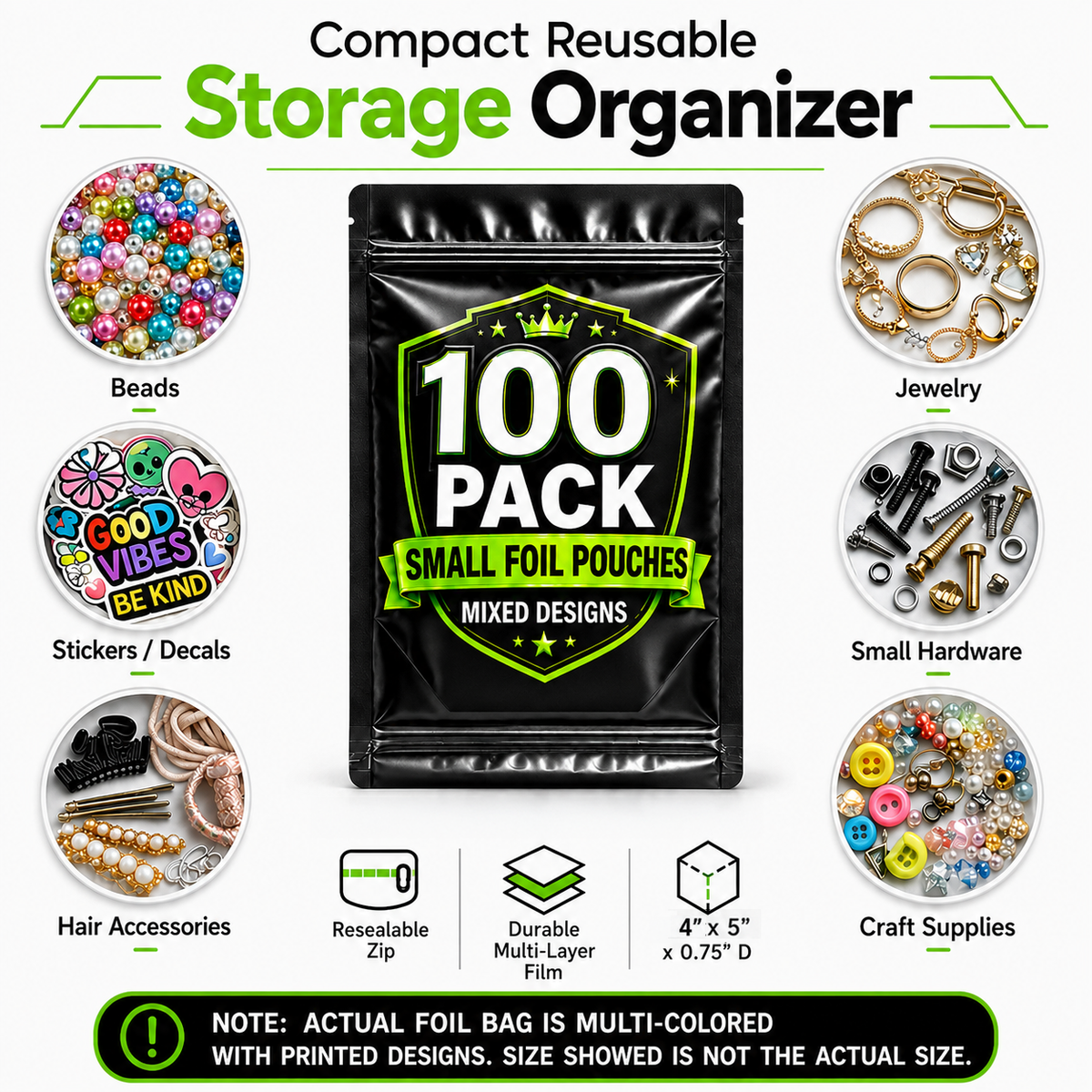 100 Pack Small (4" x 5") Premium Foil Storage Organizers – Assorted Designs