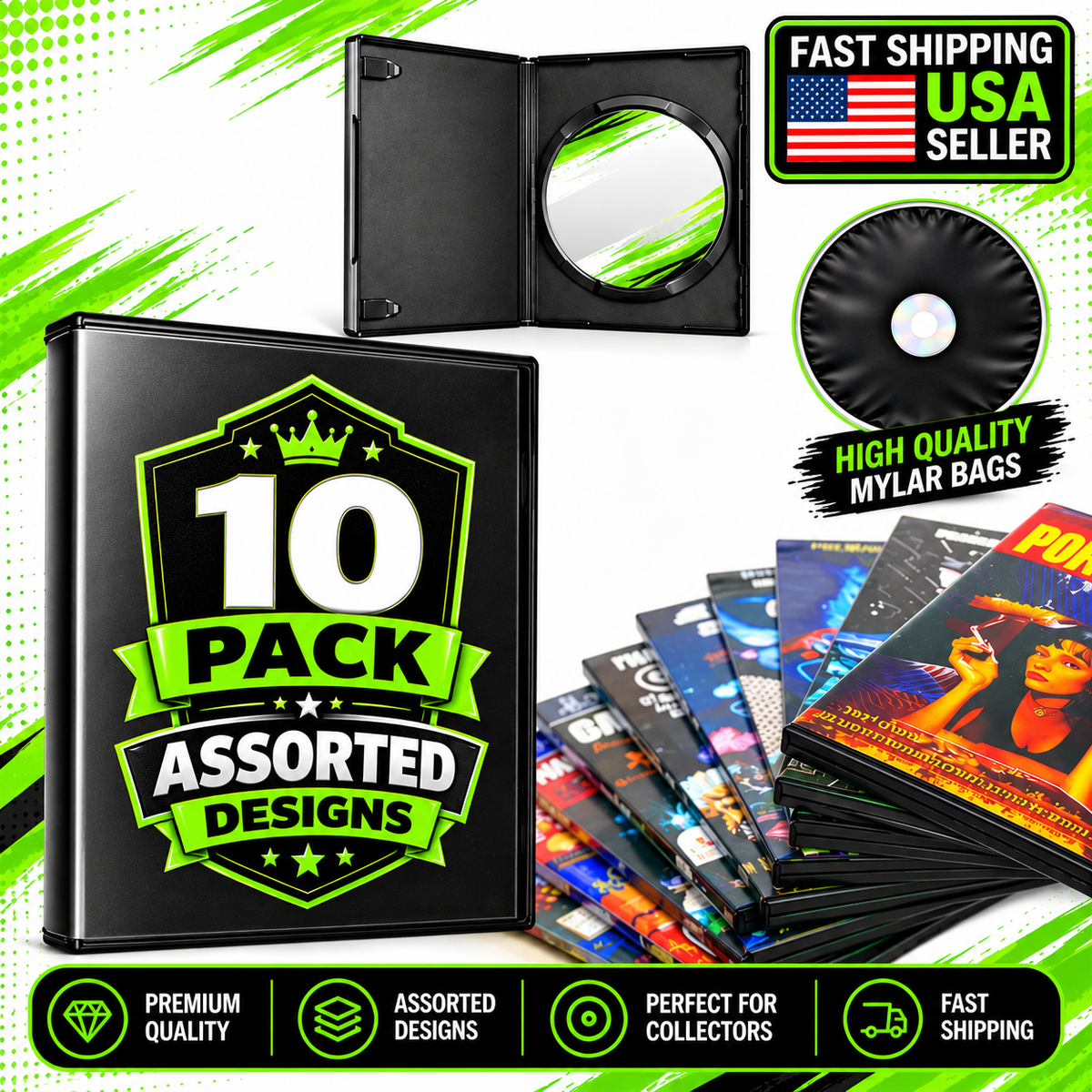 10 Pack DVD Case & Premium Foil Storage Organizer Set (5.5" x 7.5") – Assorted Designs