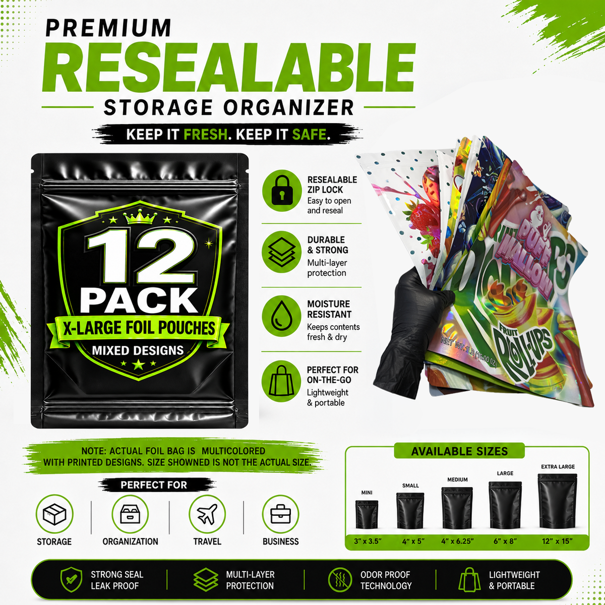 12 Pack X-Large (12" x 15") Premium Foil Storage Organizers – Assorted Designs