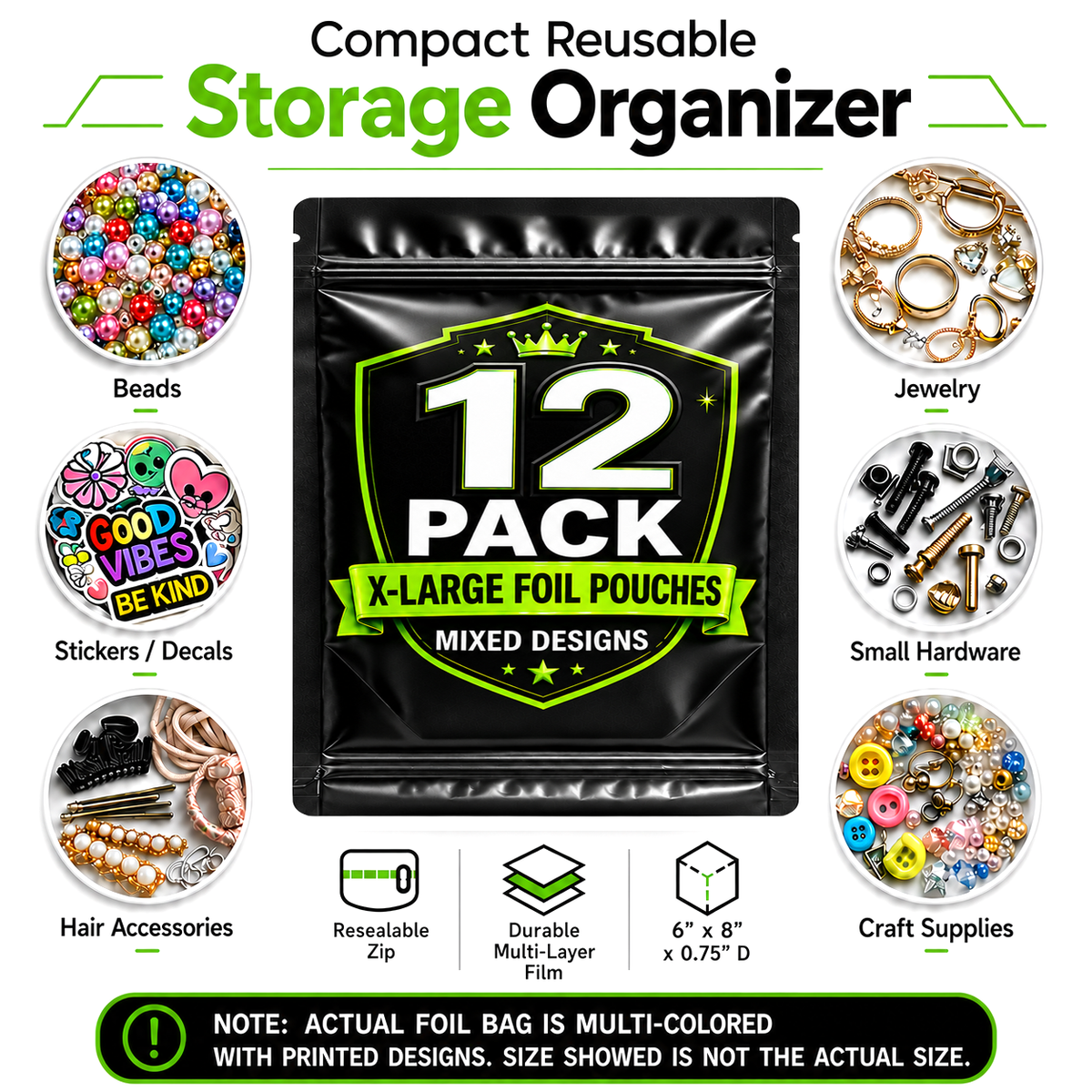 12 Pack X-Large (12" x 15") Premium Foil Storage Organizers – Assorted Designs