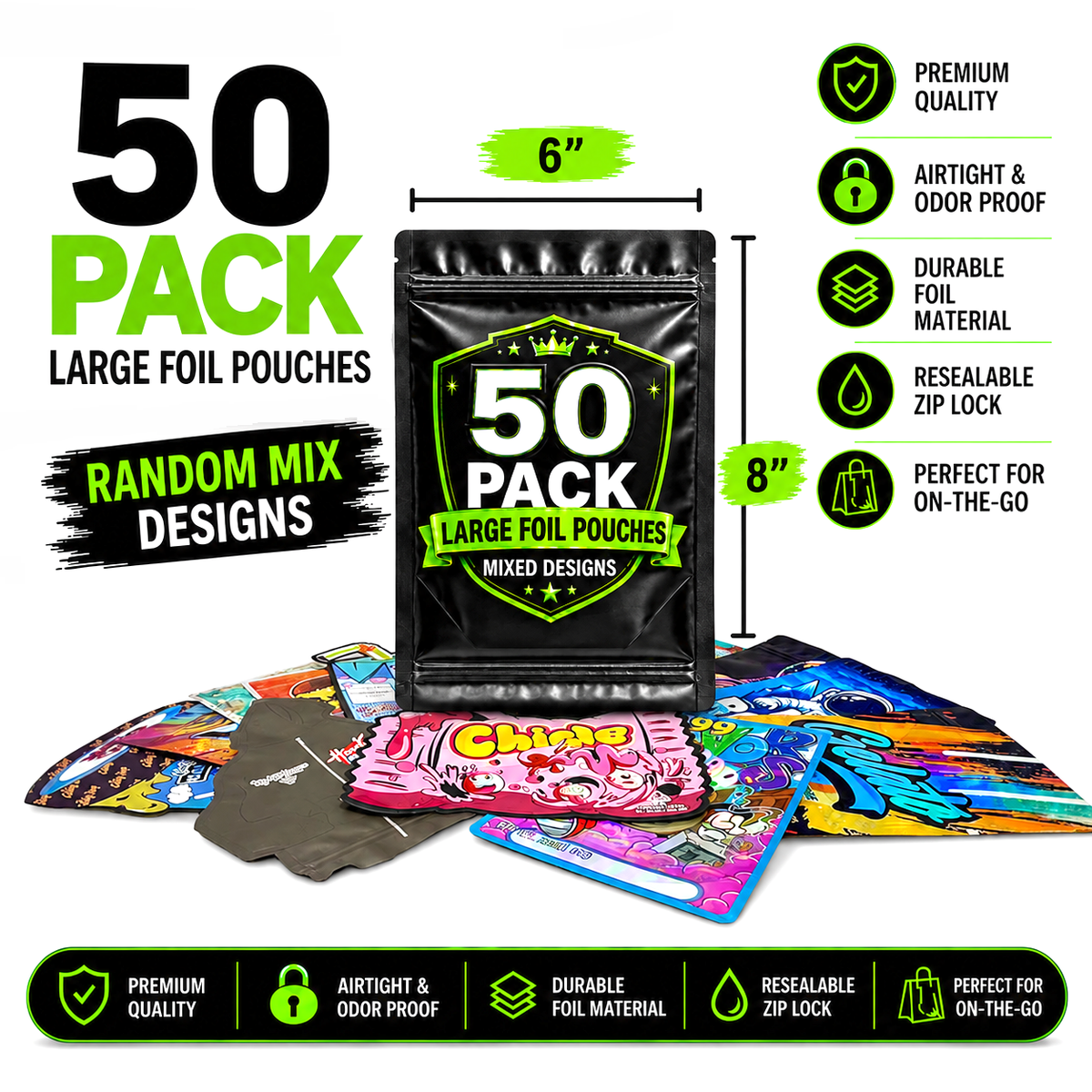 50 Pack Large (6" x 8") Premium Foil Storage Organizers – Assorted Designs