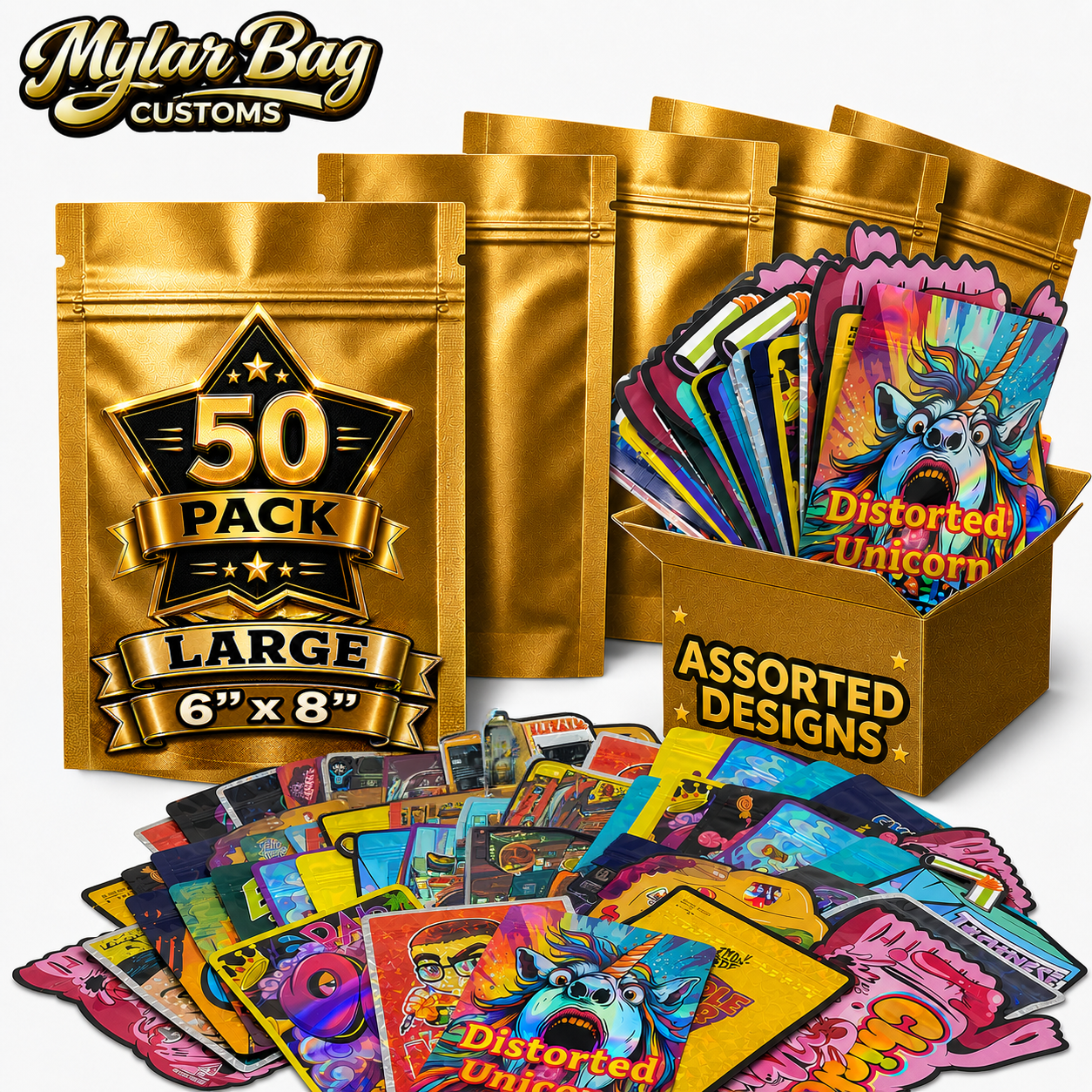 50 Pack Large (6" x 8") Premium Foil Storage Organizers – Assorted Designs