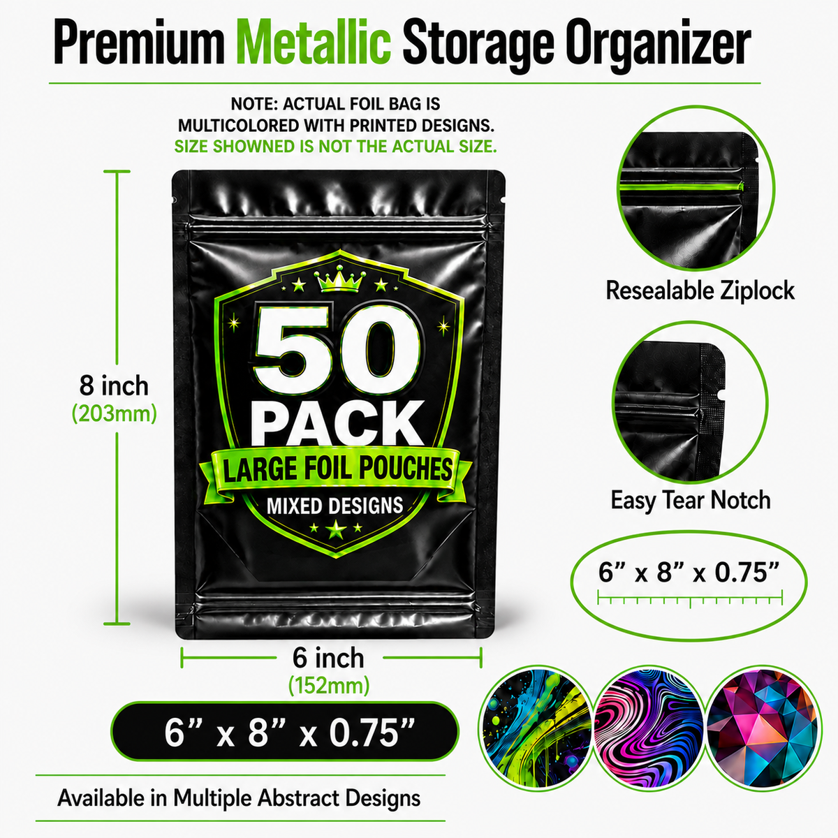 50 Pack Large (6" x 8") Premium Foil Storage Organizers – Assorted Designs
