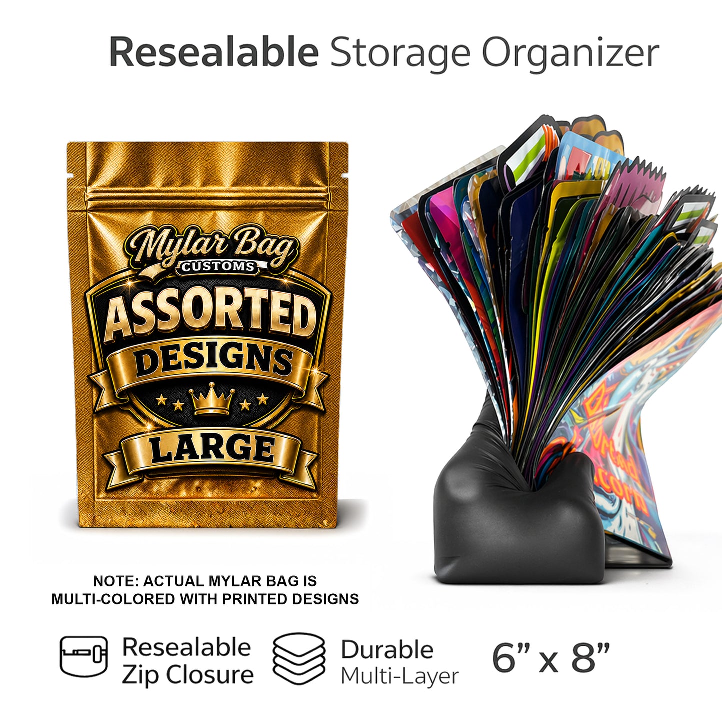 50 Pack Large (6" x 8") Premium Foil Storage Organizers – Assorted Designs