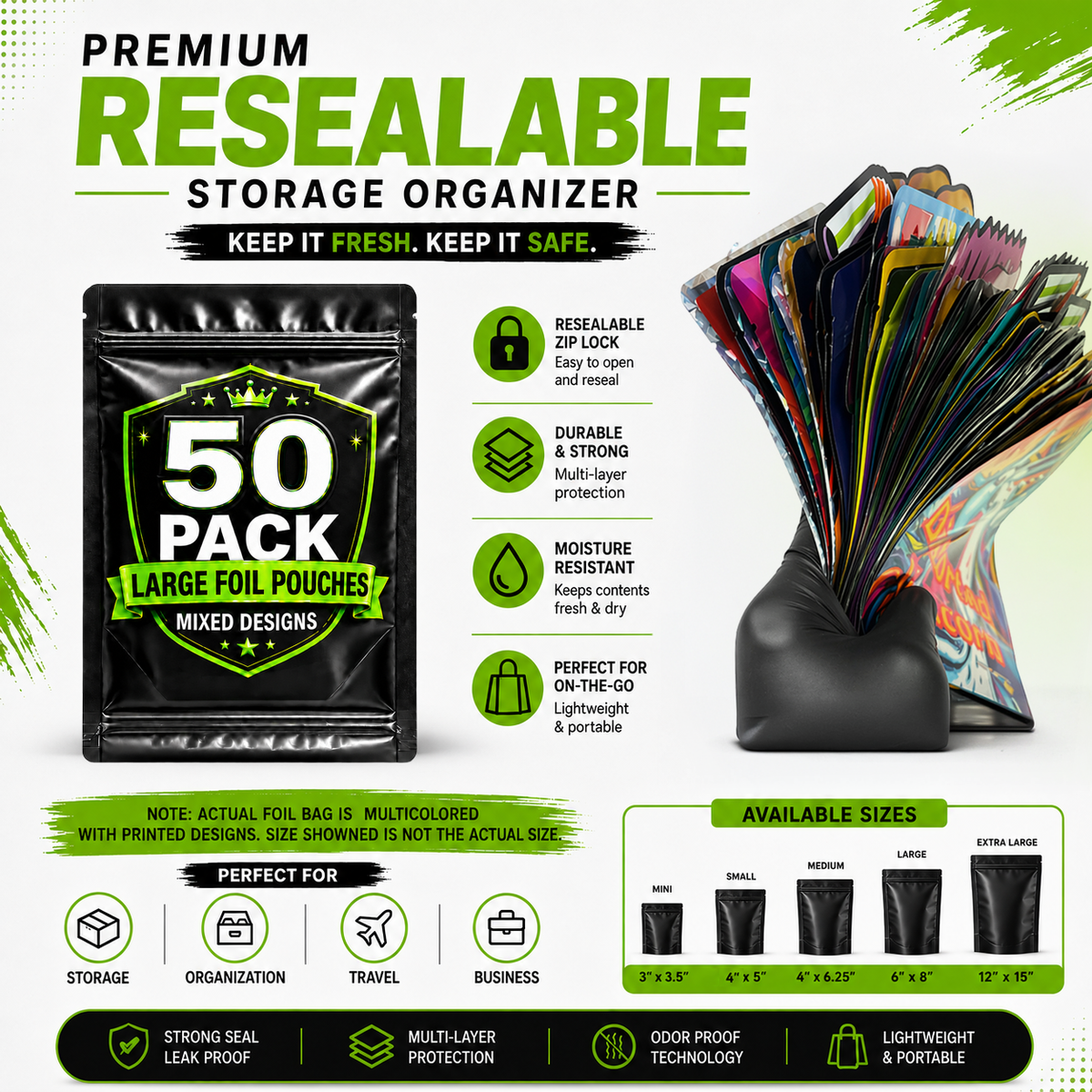 50 Pack Large (6" x 8") Premium Foil Storage Organizers – Assorted Designs