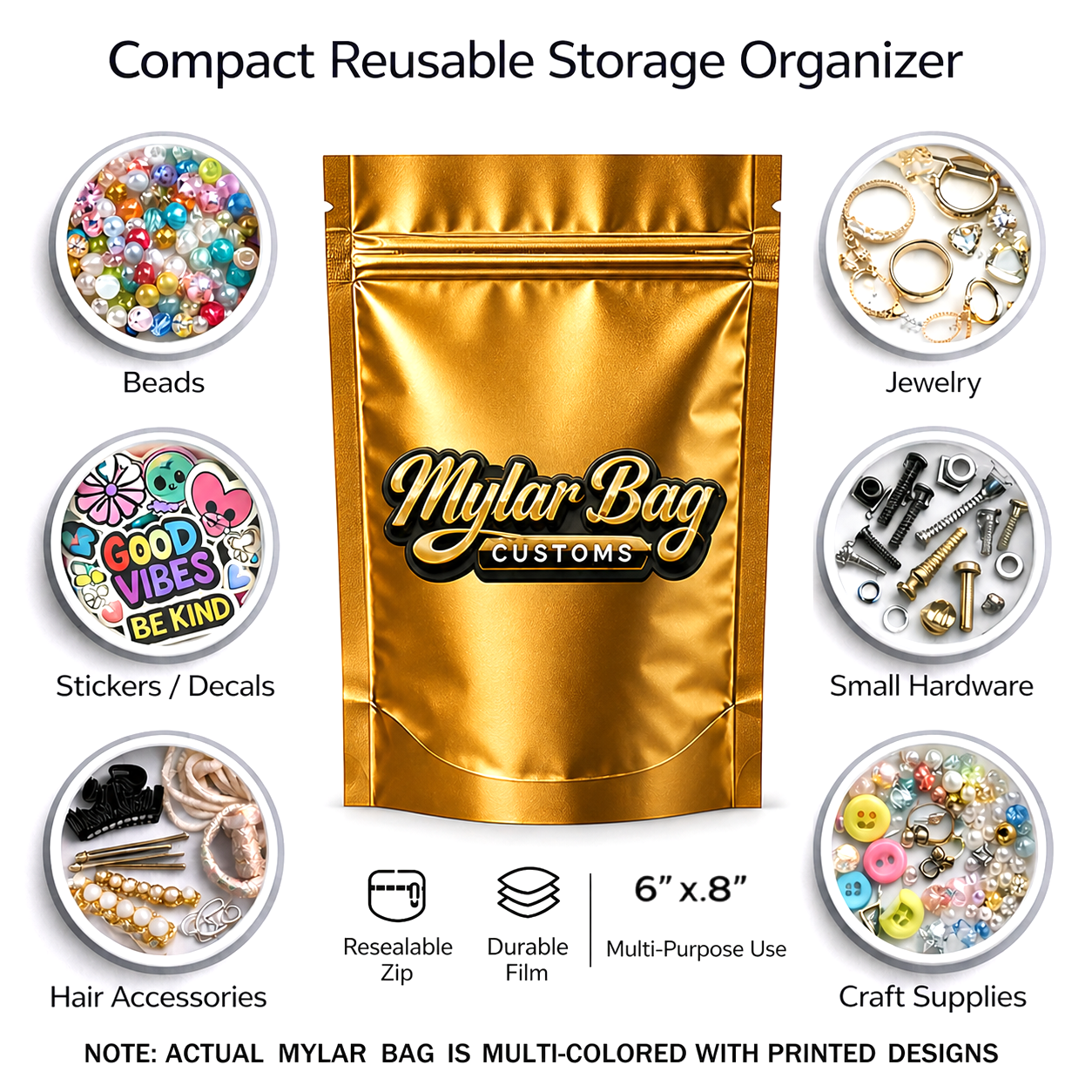 50 Pack Large (6" x 8") Premium Foil Storage Organizers – Assorted Designs