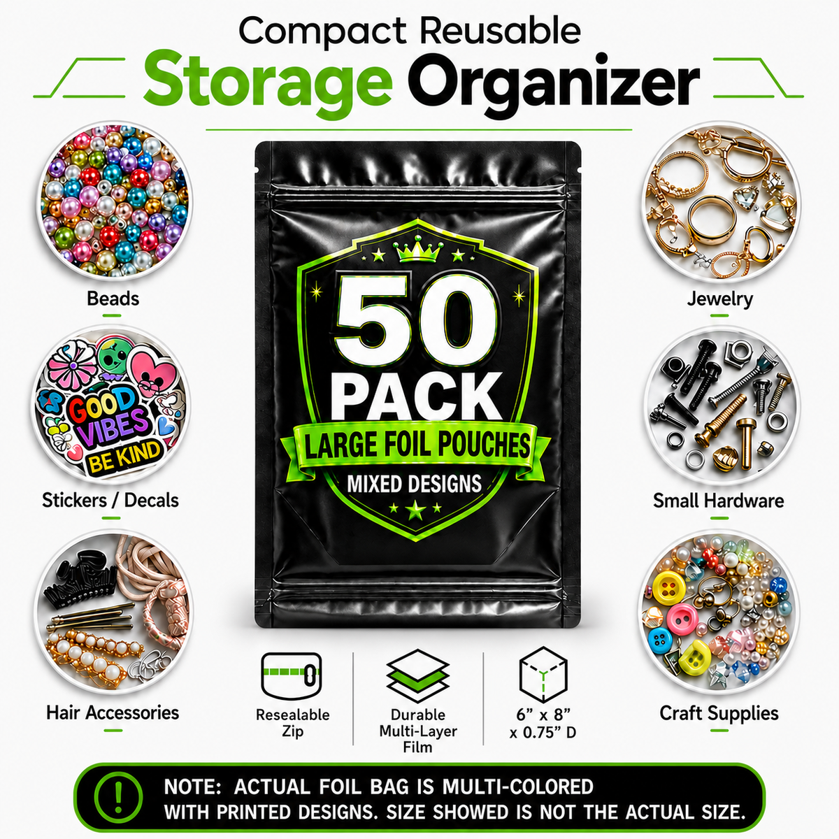 50 Pack Large (6" x 8") Premium Foil Storage Organizers – Assorted Designs