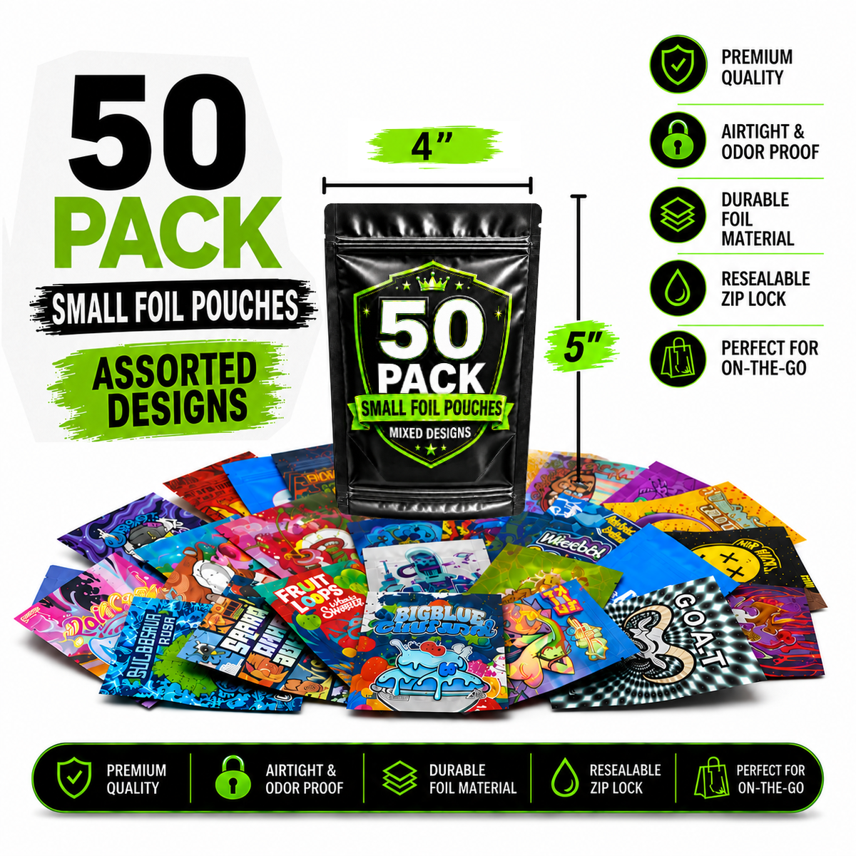 50 Pack Small (4" x 5") Premium Foil Storage Organizers – Assorted Designs