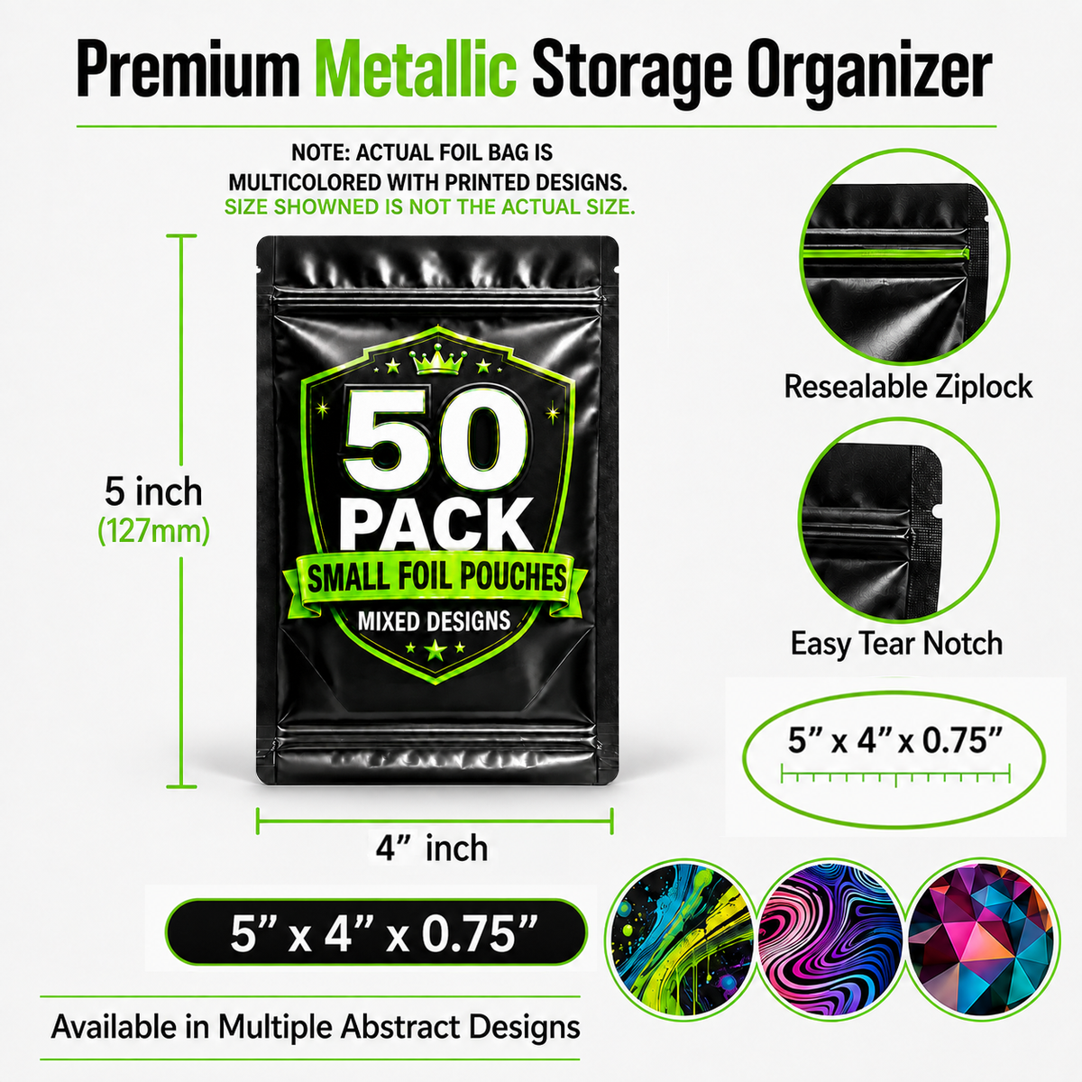 50 Pack Small (4" x 5") Premium Foil Storage Organizers – Assorted Designs