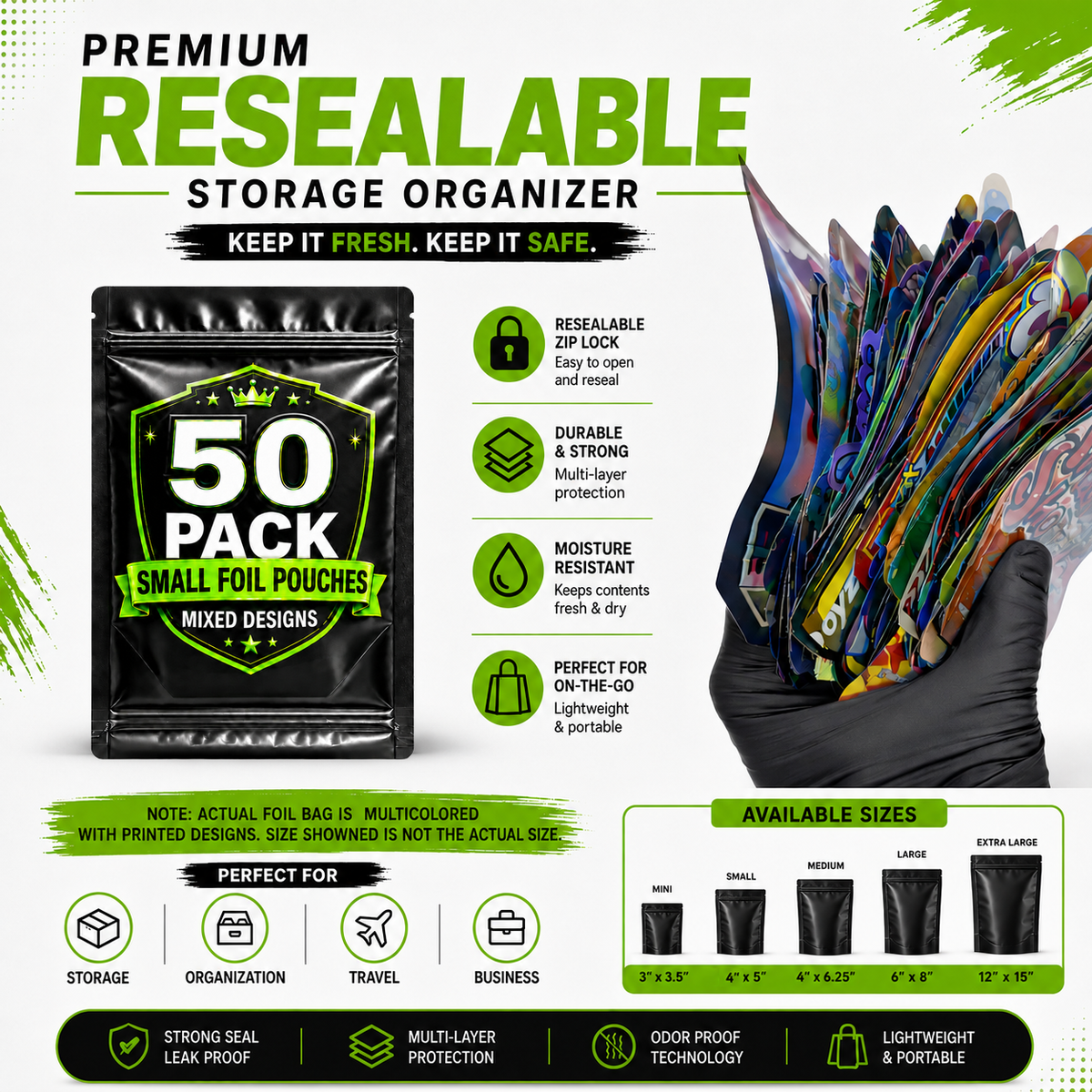 50 Pack Small (4" x 5") Premium Foil Storage Organizers – Assorted Designs