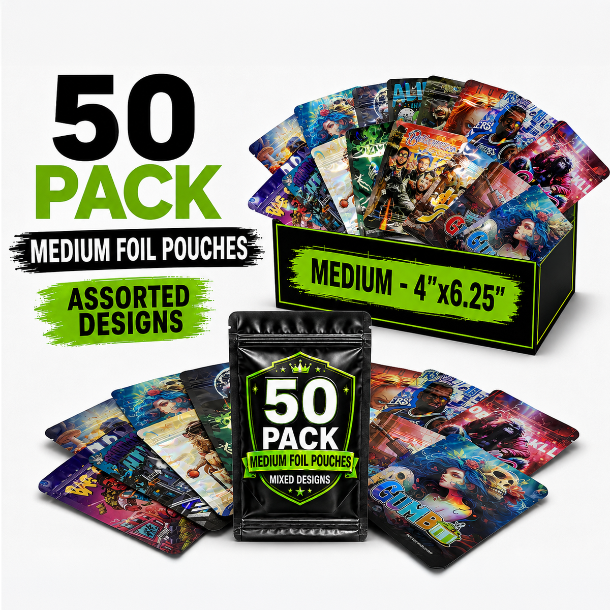 50 Pack Medium (4"x6.25") Premium Foil Storage Organizers – Assorted Designs
