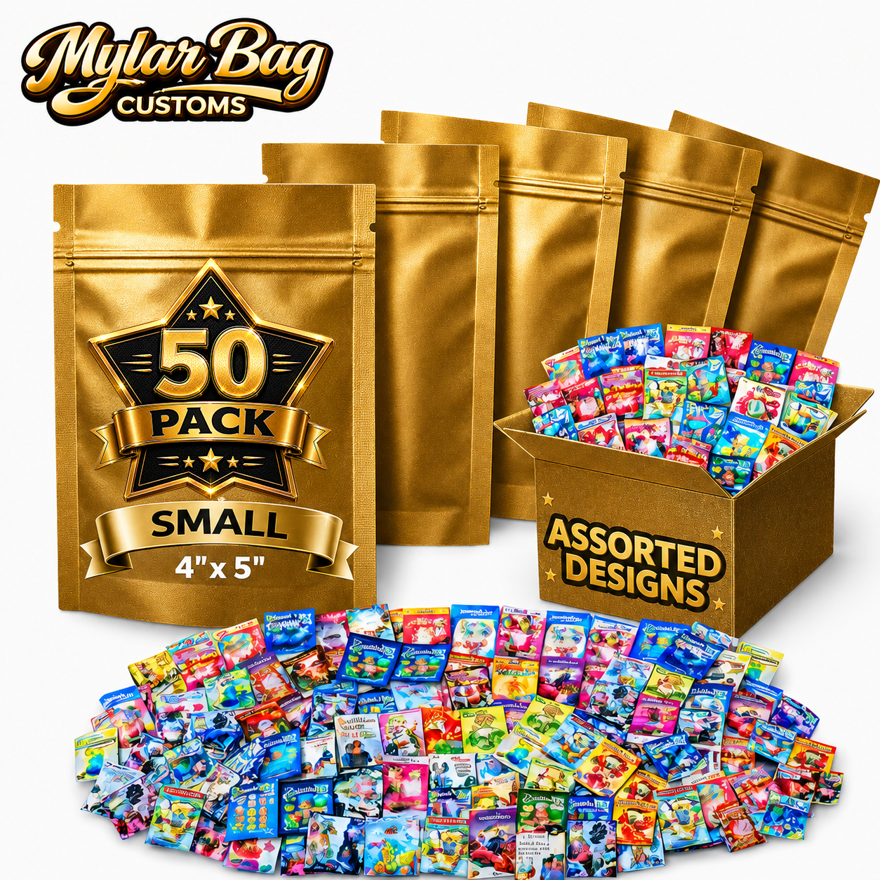 50 Pack Medium (4"x6.25") Premium Foil Storage Organizers – Assorted Designs