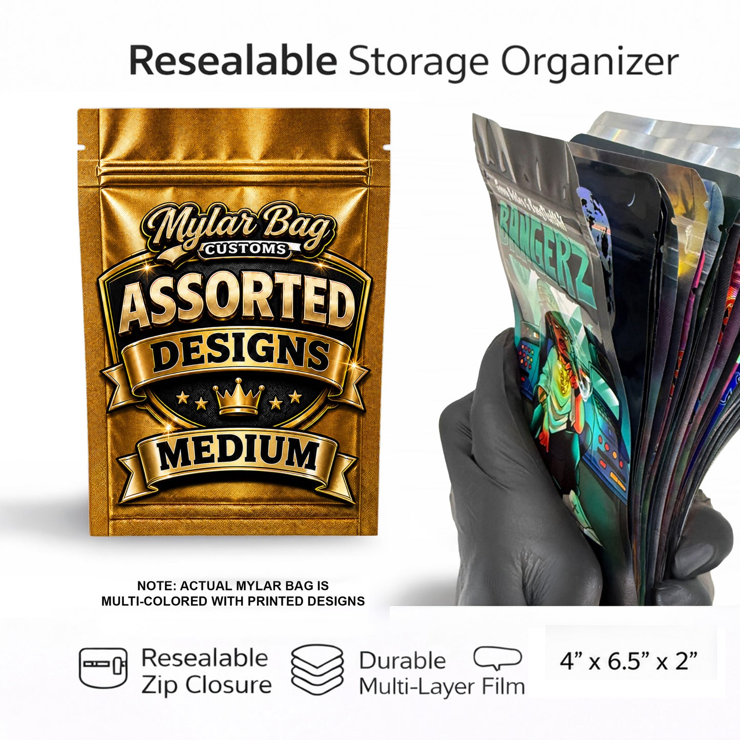 50 Pack Medium (4"x6.25") Premium Foil Storage Organizers – Assorted Designs