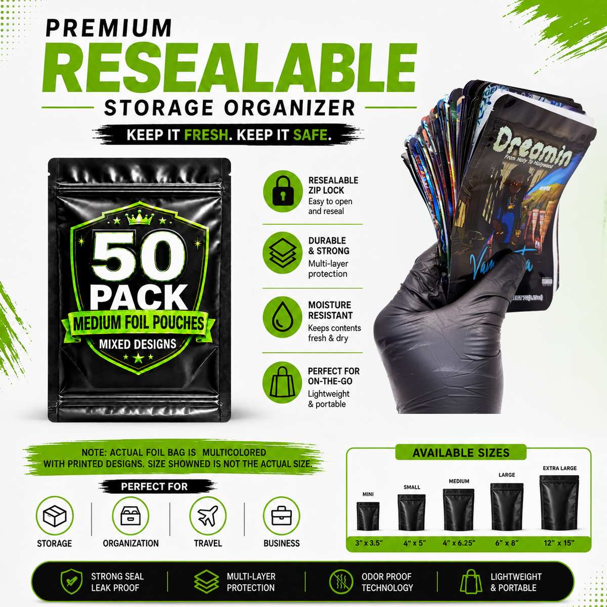 50 Pack Medium (4"x6.25") Premium Foil Storage Organizers – Assorted Designs